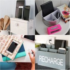 four different pictures with cell phones and other items in them, including an office desk organizer