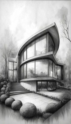 a black and white drawing of a house in the middle of a forest with stairs leading up to it