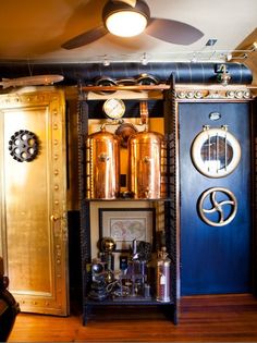 there are many different types of coppers in this room, including one with a clock on it