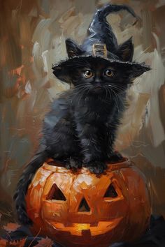 a painting of a black cat sitting on top of a pumpkin