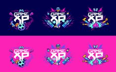 four different logos for the game xpp, which are designed in bright colors and shapes