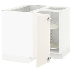 a white cabinet with two open doors and no shelves on the bottom, in front of a white background