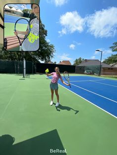 a woman holding a tennis racquet on top of a tennis court with a ball in her hand