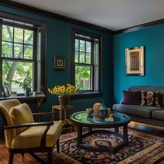 a living room with blue walls and furniture in the center, sunflowers are on the coffee table