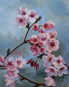 an oil painting of pink flowers on a blue and gray background with the sky in the background