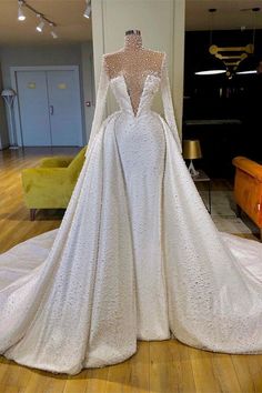 Amazing High Neck Long Sleeves Pearls Wedding Dress With Detachable Skirt High Neck Long Sleeve Wedding Dress, Pearls Wedding Dress, Wedding Dress With Detachable Skirt, Dress With Detachable Skirt, Valdrin Sahiti, Pearl Wedding Dress, Detachable Skirt, Pearls Wedding, Lace Bridal Gown