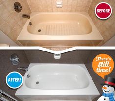 before and after pictures of a bathtub remodel with snowman stickers