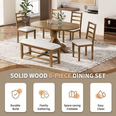 a dining room table with four chairs and a bench in front of the table is sold wood 6 piece dining set