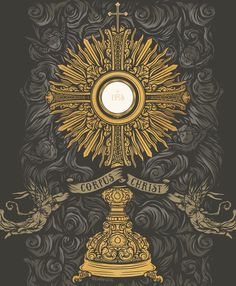 an ornate cross and banner with the words corin christ in gold on a black background