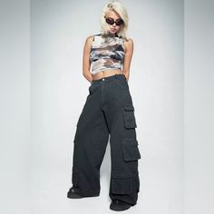 New With Tags Color: Charcoal Spring Grunge Wide Leg Cargo Pants, Grunge Cargo Pants With Pockets For Spring, Spring Grunge Wide-leg Cargo Pants, Baggy Cargo Style Grunge Pants, Edgy Spring Cargo Pants With Pockets, Chic Wide Leg Parachute Pants For Streetwear, Spring Grunge Wide Leg Pants, Edgy Full Length Pants For Spring, High Rise Cargo Bottoms In Grunge Style