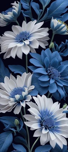 blue and white flowers are arranged together on a black background in this image, there is no image here to provide a caption for