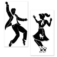 two black and white silhouettes of people dressed in vintage clothing dancing the charleston swing