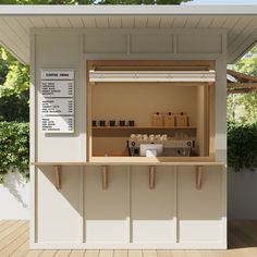 an outdoor coffee shop with the door open and shelves full of cups on it's side