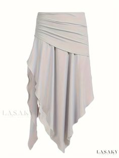 Lasaky - Womens Apparel: Sophisticated Ruched Asymmetrical Skirt for Autumn and Spring Seasons Asymmetrical Bottoms For Spring Formal Occasions, Asymmetrical Bottoms For Spring Formal Events, Asymmetrical Bottoms For Formal Spring Occasions, Spring Formal Asymmetrical Bottoms, Spring Draped Bottoms With Folds, Ruched Skirt For Formal Summer Occasions, Elegant Summer Draped Skirt With Folds, Elegant Draped Skirt With Folds For Summer, Elegant Draped Stretch Skirt