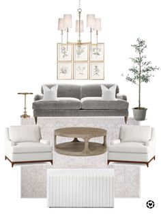 a living room with couches, chairs and pictures on the wall above them in shades of gray and white