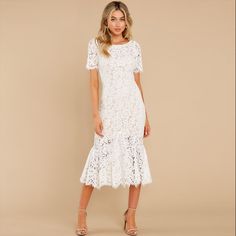 Elegant Floral Lace Midi Dress – Roll Up Fashion Stretch Lace Sheath Bodycon Dress, Summer Wedding Stretch Bodycon Dress, Elegant Sheath Midi Dress, Elegant Non-stretch Backless Dress, Elegant Lace Stretch Bodycon Dress, Elegant Spring Mermaid Dress, Elegant White Non-stretch Bodycon Dress, Fitted Sheath Dress For Brunch, Fitted Mermaid Hem Midi Summer Dress