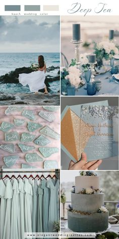 a collage of wedding photos with blue and white colors