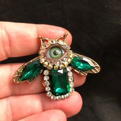 "This brooch measures 1.5\"x2\"" Green Jeweled Brooches As Gift, Green Jeweled Brooch For Gift, Unique Rhinestone Brooch For Gift, Natural Green Eyes, Eyeball Art, Green Eye, Baby Bee, Green Eyes, Emerald Green