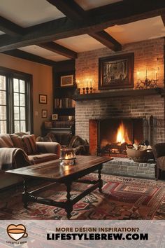 a living room filled with furniture and a fire place next to a brick wall fireplace