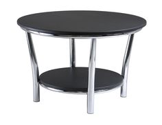 a round black table with metal legs and a shelf on the bottom that holds two shelves