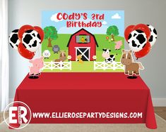 an image of a birthday party with farm animals on the red table cloth and balloons