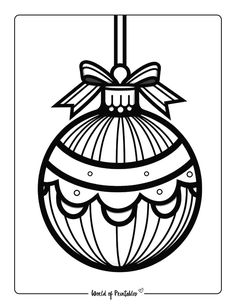 a christmas ornament with a bow hanging from it's side, in black and white