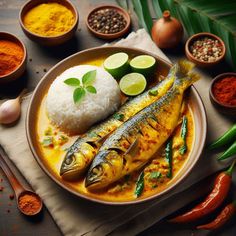 some fish and rice on a plate with spoons next to spices, peppers, lemon wedges and green beans