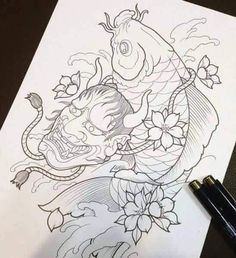 a drawing of a dragon with flowers on it's head and an ink pen next to it