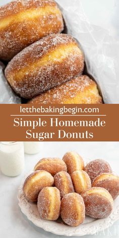 homemade sugar doughnuts on a plate with the words, simple homemade sugar donuts