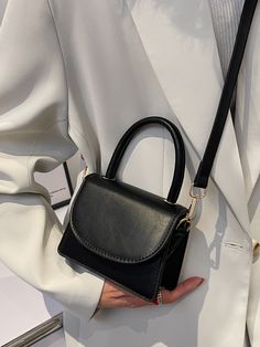 Black Fashionable   PU Leather Plain Square Bag Embellished   Women Bags Luxury Black Mini Bag, Small Black Purse Outfit, Black Bags Women, Black Bags Aesthetic, Mini Bags Outfit, Black Purse Aesthetic, Black Bag Aesthetic, Everyday Bags For Women, Everyday Black Bag