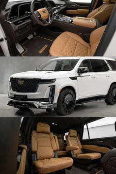 the inside and outside view of a white suv with tan leather seats in different angles