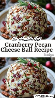 cranberry pecan cheese ball recipe on a white plate with text overlay