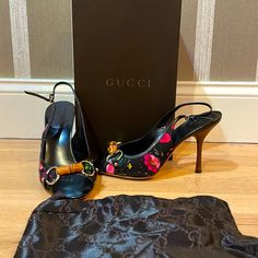 Almost Like Brand New , Sling Back Black With Multi Color Floral Canvas Size 39 Very Comfortable 100% Authentic ! Gucci Slingback Sandals For Party, Gucci Slingback Party Sandals, Gucci Designer Slingback Sandals, Designer Gucci Slingback Sandals, Luxury Gucci Slingback Sandals, Gucci Slingback Sandals With Heel Strap, Gucci Leather Slingback Sandals, Designer Slingback Heels, Shoes Gucci