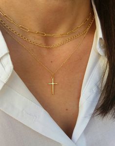 A nice, dainty 14k gold filled necklace with an eye catching plain cross. A dainty Christian necklace that protects the person wearing it. A nice gift for her Length approx. 15 inches / 38 cm - with 1.2 inch extension. ♥ All items will come in a nice gift box ♥ ★ Read our policies before purchase: https://www.etsy.com/shop/Jewellusion/policy/ ★ Convo me for custom orders or any questions you might have ♥ Visit our shop for more fabulous jewels: https://www.etsy.com/shop/Jewellusion/ μ ♥ Follow m Minimalist Cross Chain Necklace With Delicate Chain, Minimalist Delicate Chain Cross Necklace, Delicate Chain Necklace With Cross Pendant, Delicate Chain Cross Necklace For Gift, Gift Cross Chain Necklace With Delicate Chain, Delicate Cross Chain Necklace Gift, Gift Cross Necklace With Delicate Chain, Dainty Gold Cross Chain Necklace, Cross Pendant Necklace With Cable Chain As Gift