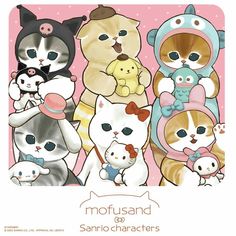 a group of cats standing next to each other in front of a pink background with the caption mofssan and sanrio characters