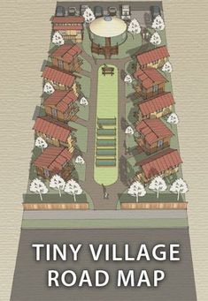 the tiny village road map is shown in this graphic art print, with buildings on each side