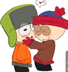 two cartoon characters hugging each other with one holding the other's head in his hands