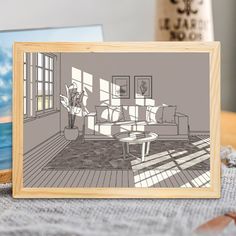 a drawing of a living room with a person standing in the window looking out at the ocean