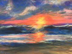 a painting of a sunset over the ocean