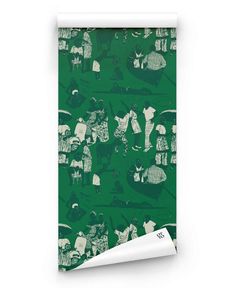 a green and white wallpaper with an image of children's pictures on it