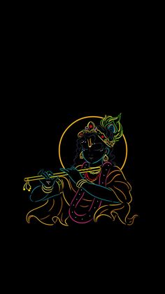 a drawing of a man playing the flute on a black background with colored lines in front of him