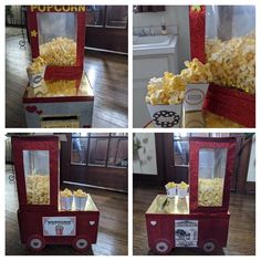 Boxes covered with glitter card stock paper. Stickers, real popcorn sprayed with adhesive. Wheels made from cardboard Valentine Box Ideas, Diy Valentines Box