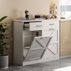 a kitchen with an open cabinet door on the side and a potted plant next to it