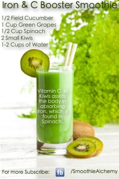 a green smoothie in a tall glass with a slice of kiwi on top