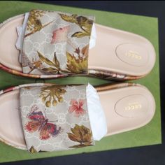 Authentic Gucci Gg Supreme Floral And Gg Monogram Print Slide Platform Sandals. Unique And Barely Worn! Original Box And Dust Bags Included. Luxury Beige Slides For Spring, Designer Brown Slides, Gucci Flat Sandals With Removable Insole, Gucci Flat Slides For Summer, Gucci Sandals For Spring Vacation, Designer Brown Slides For Spring, Designer Beige Platform Sandals, Gucci Beige Sandals For Summer, Gucci Brown Sandals For The Beach