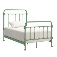 a green metal bed frame with white sheets and pillows on it, against a white background