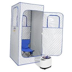 a portable shower with a blue chair in the corner and an air humider next to it