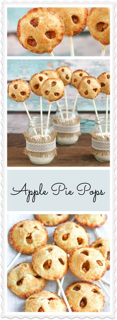 apple pie pops on a stick and in a glass jar, with the words apples pie pops above them