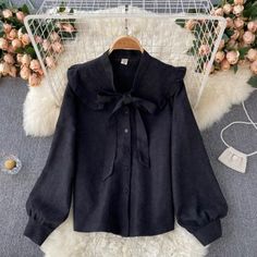 Cute Lapel Long Sleeve Top on Luulla Blouse Korea, Fall Baby Clothes, Bow Collar, Girls Blouse, Collar Blouse, Top Fabric, Sewing Inspiration, Luxury Fabrics, Apricot