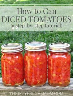 three jars filled with pickled tomatoes sitting on top of a wooden table in the grass